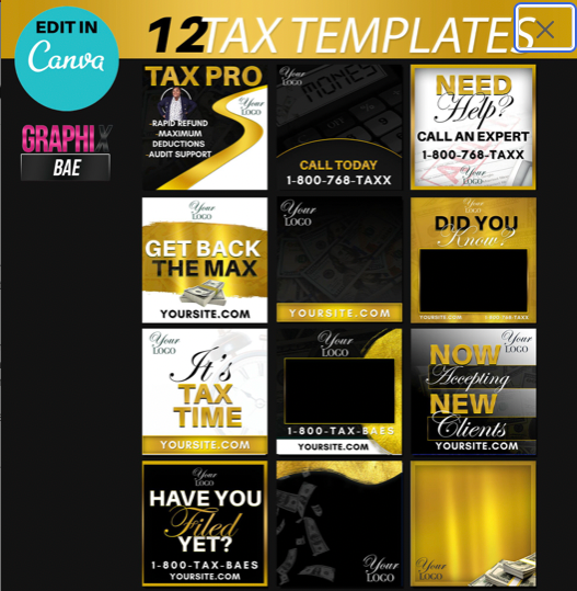 Tax Flyers, EDITABLE 12 PACK, DIY EDIT IN CANVA