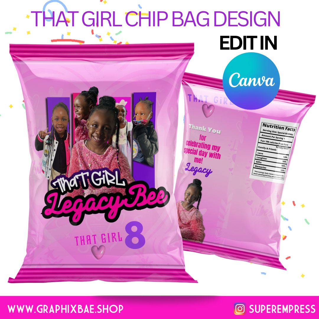 That Girl Chip Bag Birthday Template | That Girl Birthday Editable Canva Template