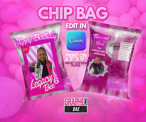 Pink Doll Birthday Chip Bag Design EDIT IN CANVA